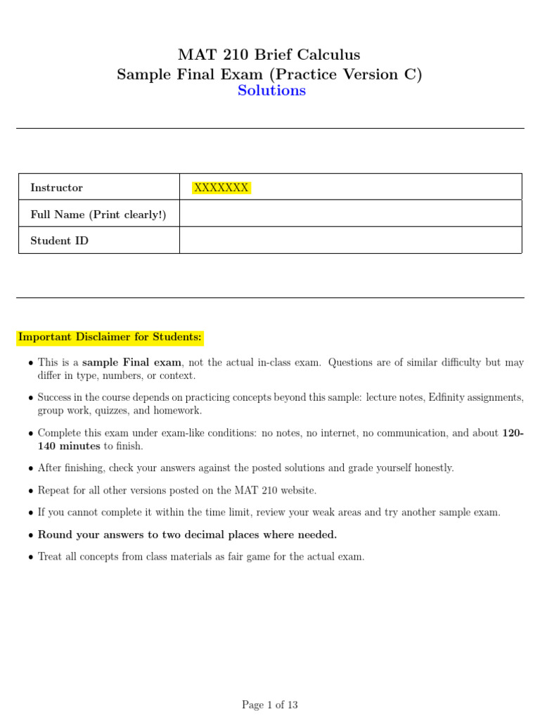 MAT 210 Brief Calculus Final Exam Solutions | PDF | Slope | Integral