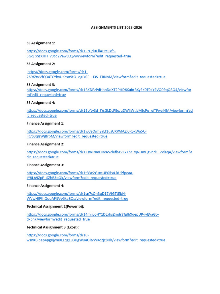 2025-2026 Assignment Links List | PDF