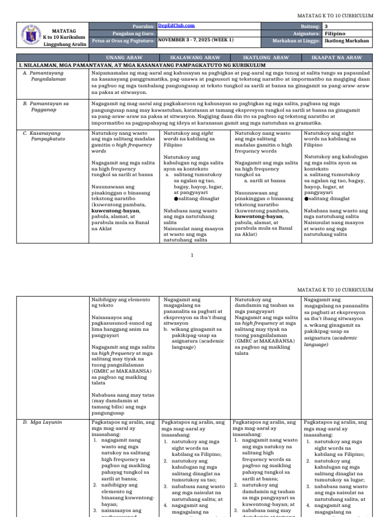 DLL Matatag Filipino 3 q3 w1 | PDF