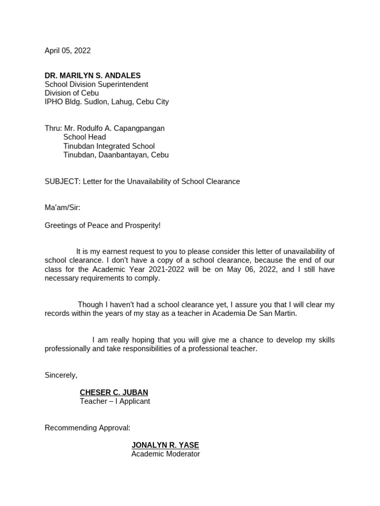 Request for School Clearance Unavailability | PDF