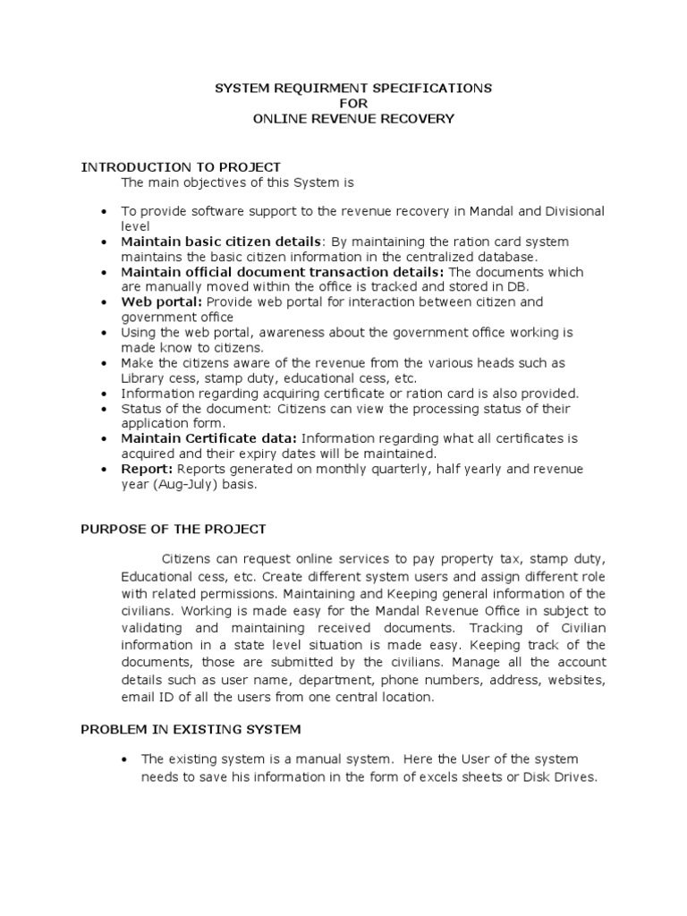 System Requirment Specifications For Online Revenue Recovery | PDF ...