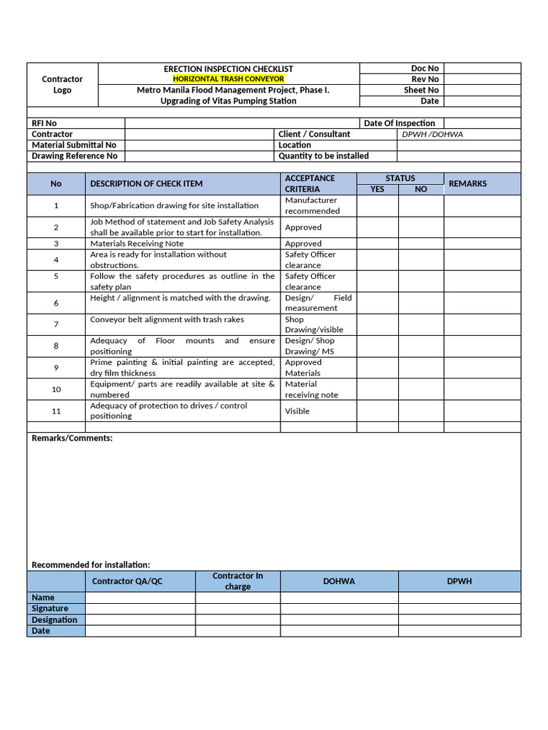 Horizontal Trash Conveyor Inspection Checklist | PDF
