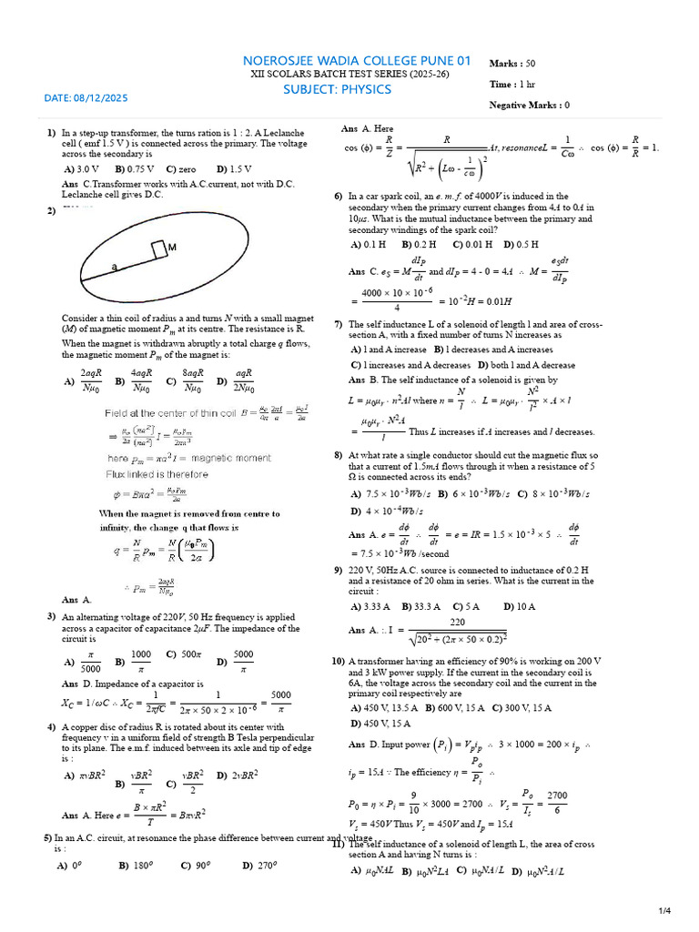Physics Test Series for XII Scholars 2025-26 | PDF | Inductor | Inductance