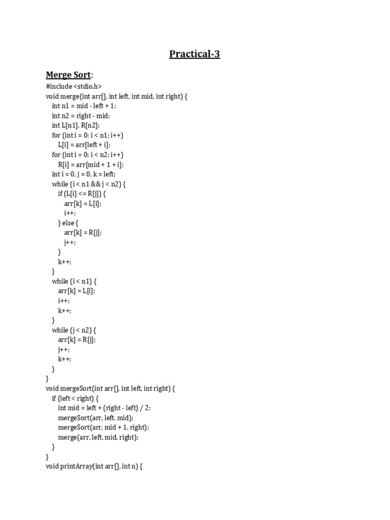 Merge Sort Algorithm in C Code | PDF