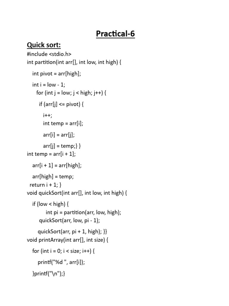 Quick Sort Algorithm in C Code | PDF