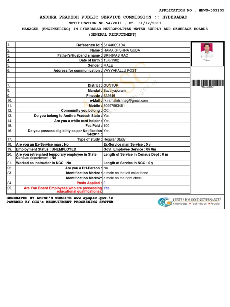 APPSC Application for Manager (Engineering) | PDF | Business
