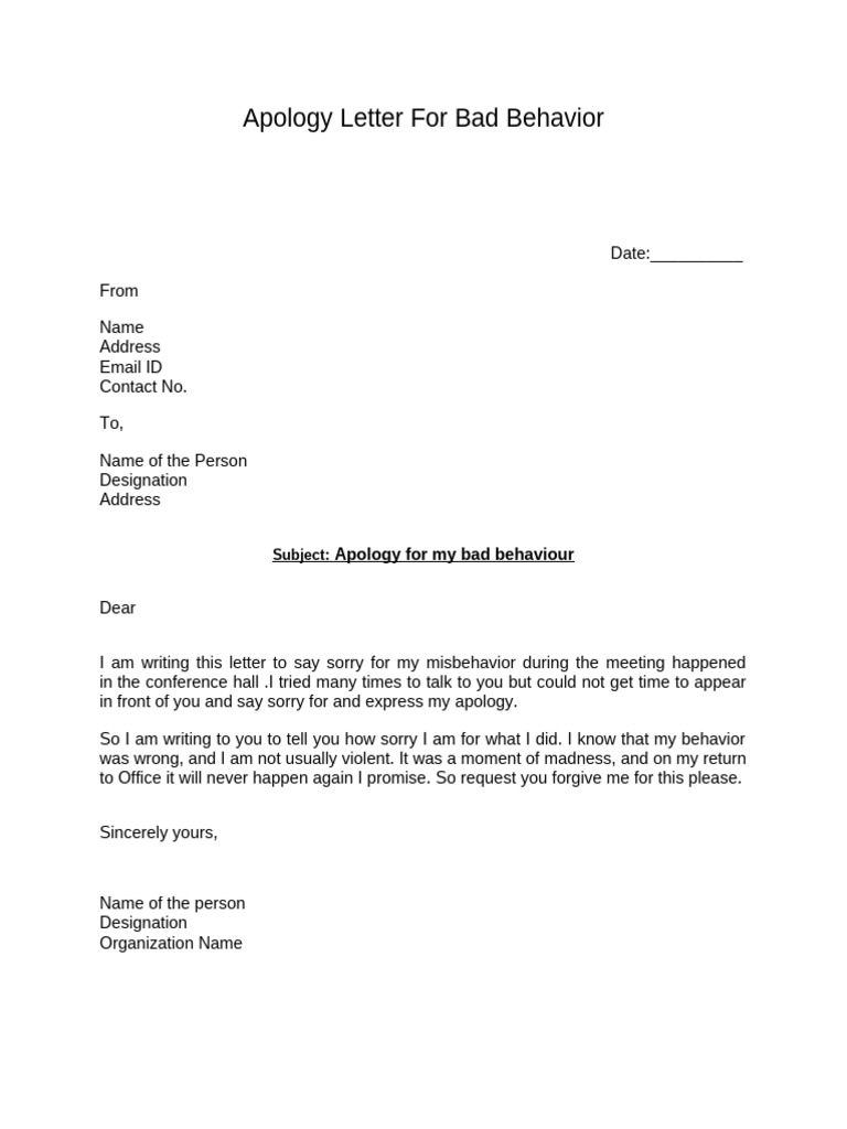 Apology Letter for Misbehavior | PDF