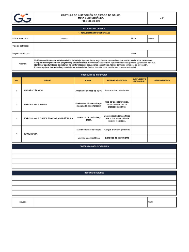 FO-CEC-SO-028 Cartilla Insp Riesgos Salud Mina Sub V01 - 2025 FM | PDF ...
