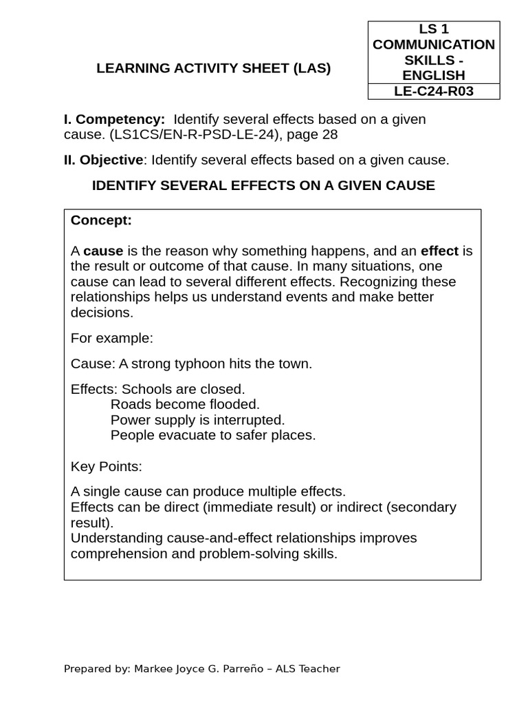 Cause and Effect Learning Activity Sheet | PDF