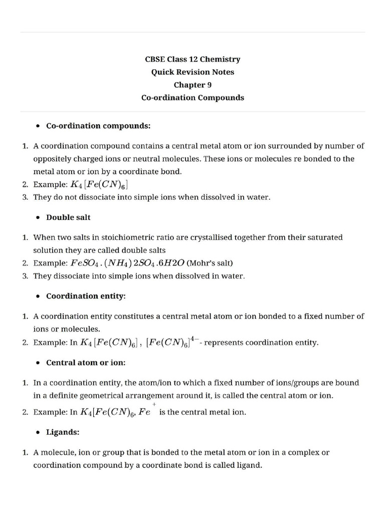 Coordination Compounds Revision Notes | PDF