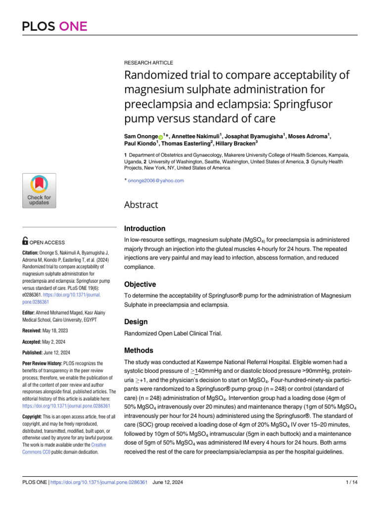 Magnesium Sulphate Delivery: Springfusor vs. Standard Care | PDF ...