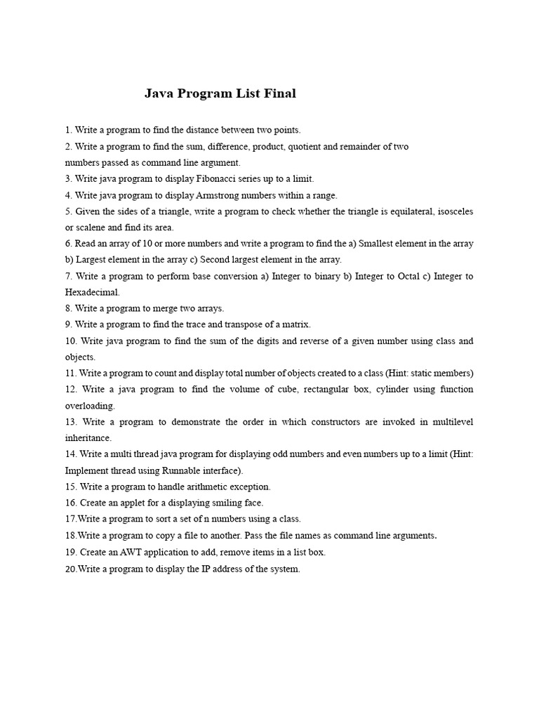 Java Programming Exercises List | PDF