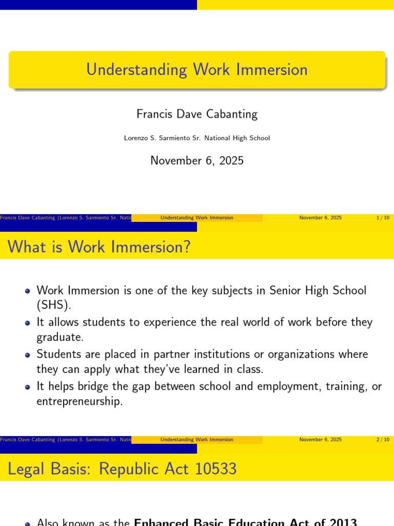 Work Immersion in Senior High School | PDF | Learning | Social Psychology