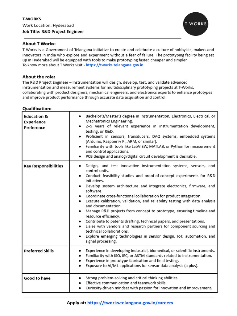 JD+ +R&D+Project+Engineer+(1) | PDF | Instrumentation | Prototype