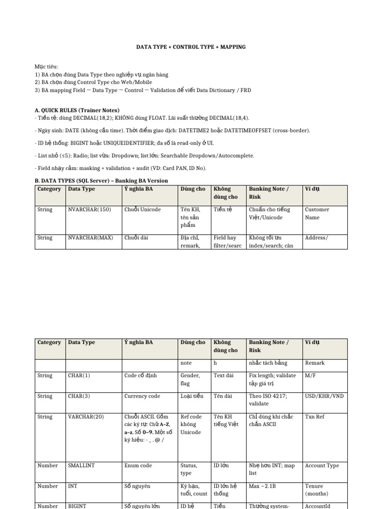 BANKING BA DataType ControlType Mapping | PDF