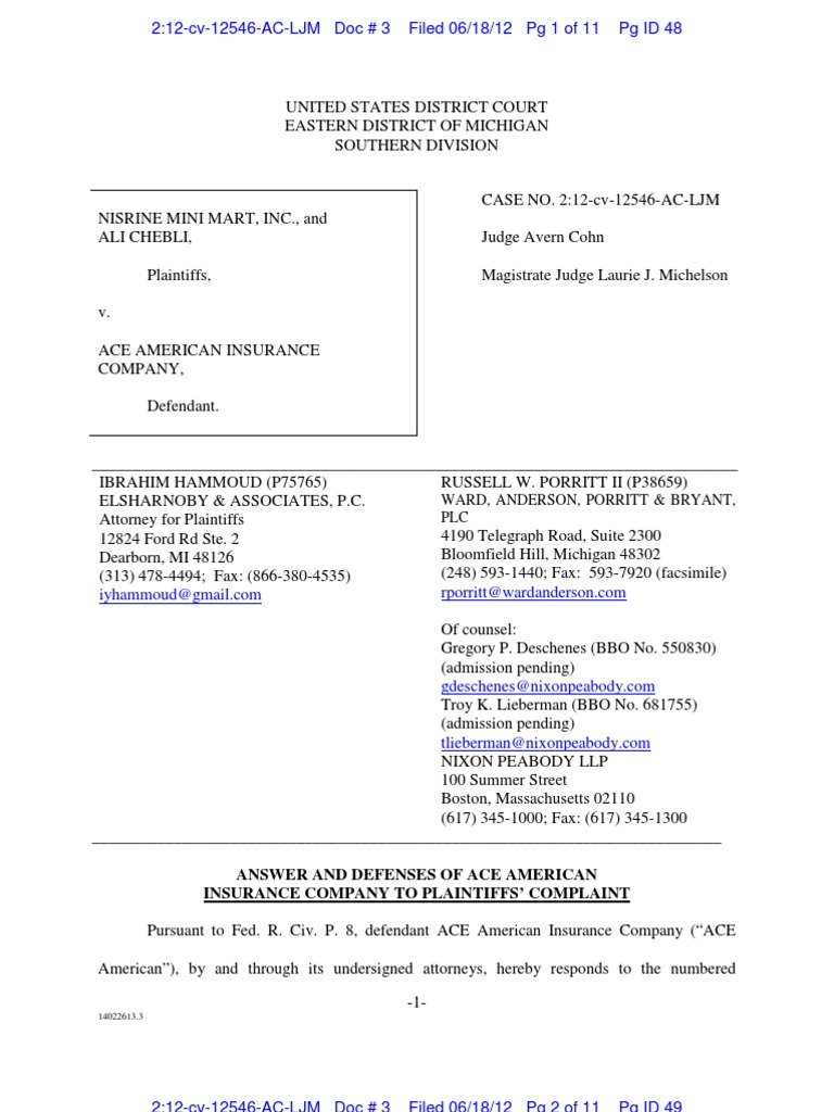 NISRINE MINI MART, INC Et Al v. ACE AMERICAN INSURANCE COMPANY Answer To Complaint With