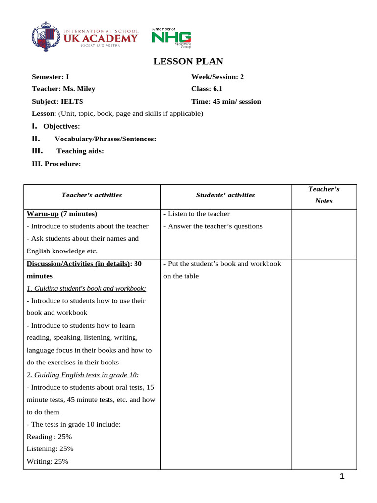 IELTS Lesson Plan for Class 6.1 | PDF