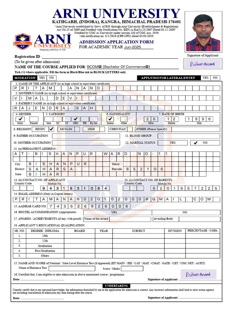 Arni University Admission Application Form | PDF
