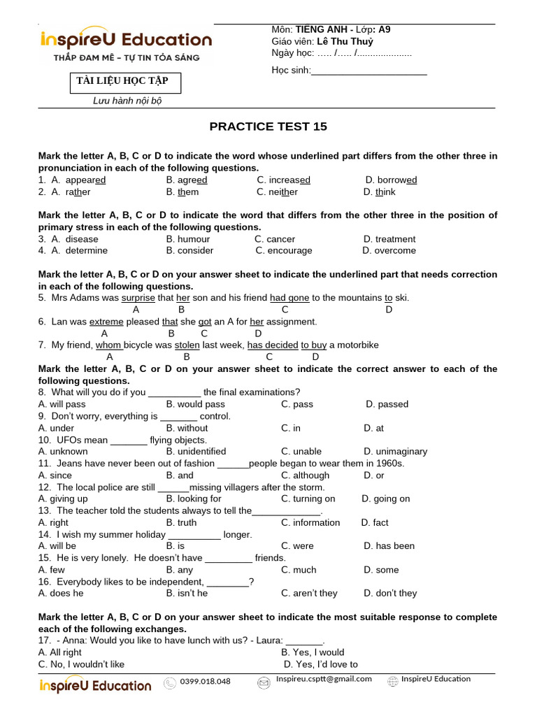 English Practice Test for A9 Students | PDF | English Language ...