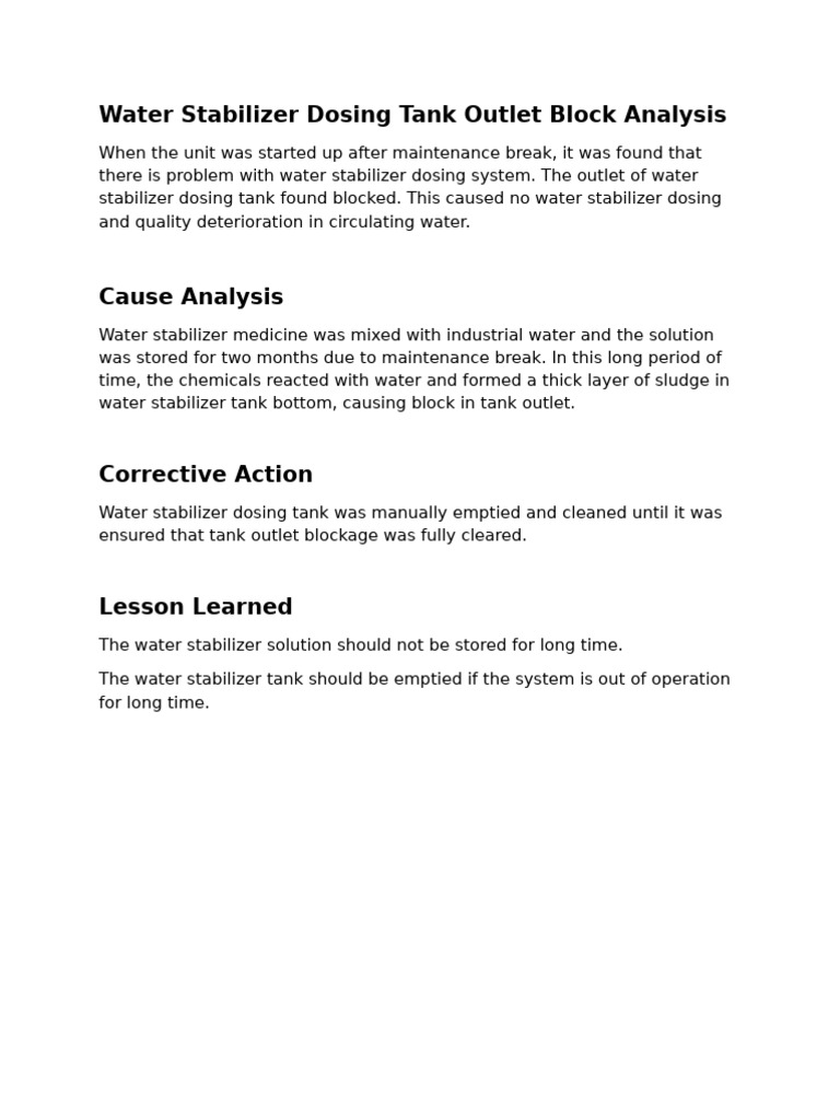 Water Stabilizer Dosing Tank Blockage Analysis | PDF