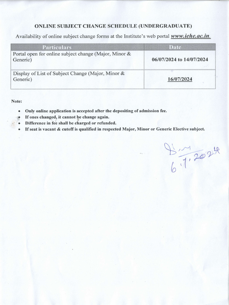 Online Subject Change Schedule 2024 | PDF