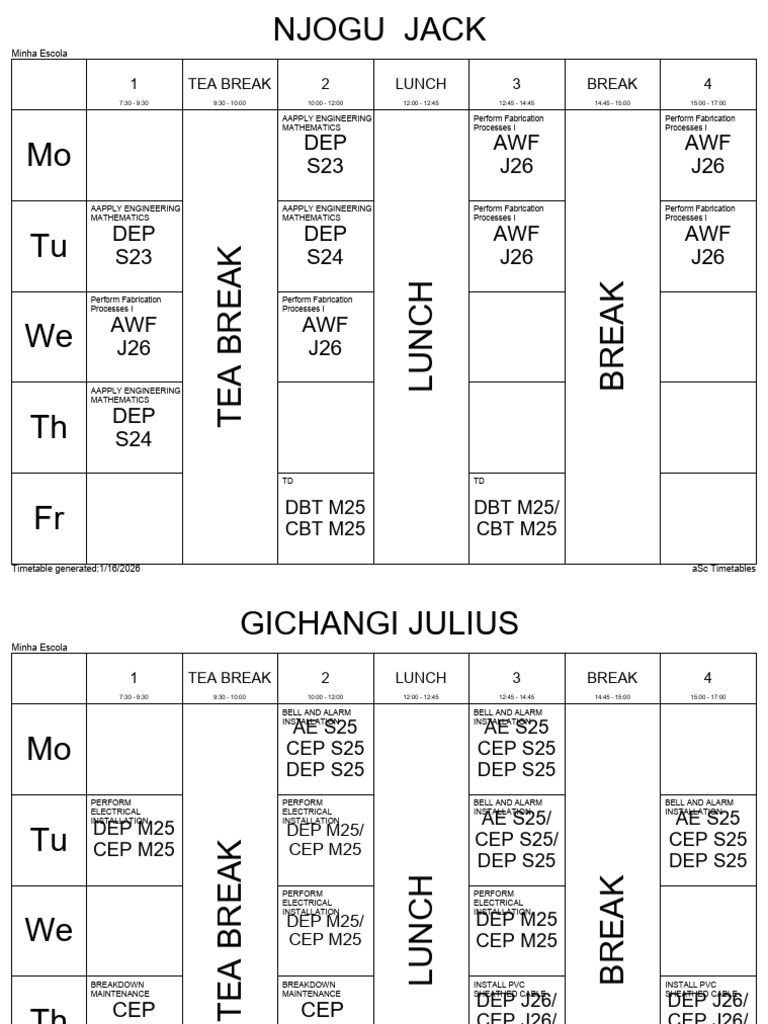 Jan- April 2026 Personal Timetable Final | PDF | Industrial Processes ...