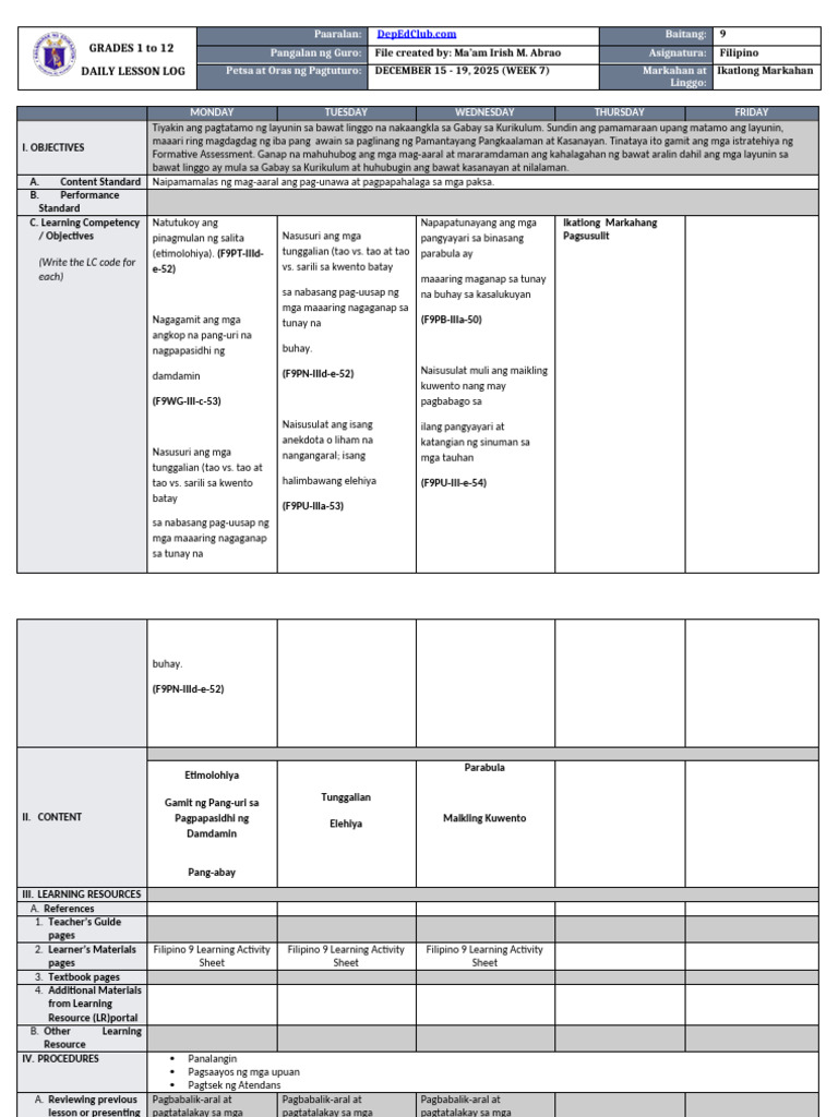 DLL Filipino 9 q3 w7 | PDF