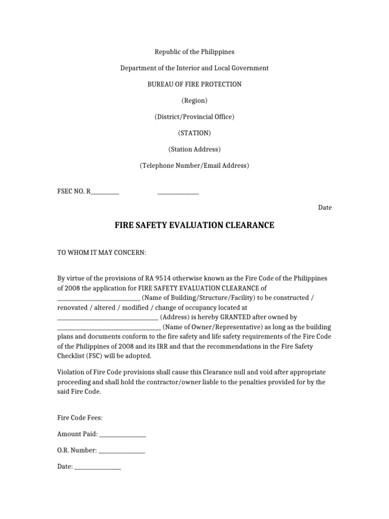 Fire Safety Clearance Fillable | PDF