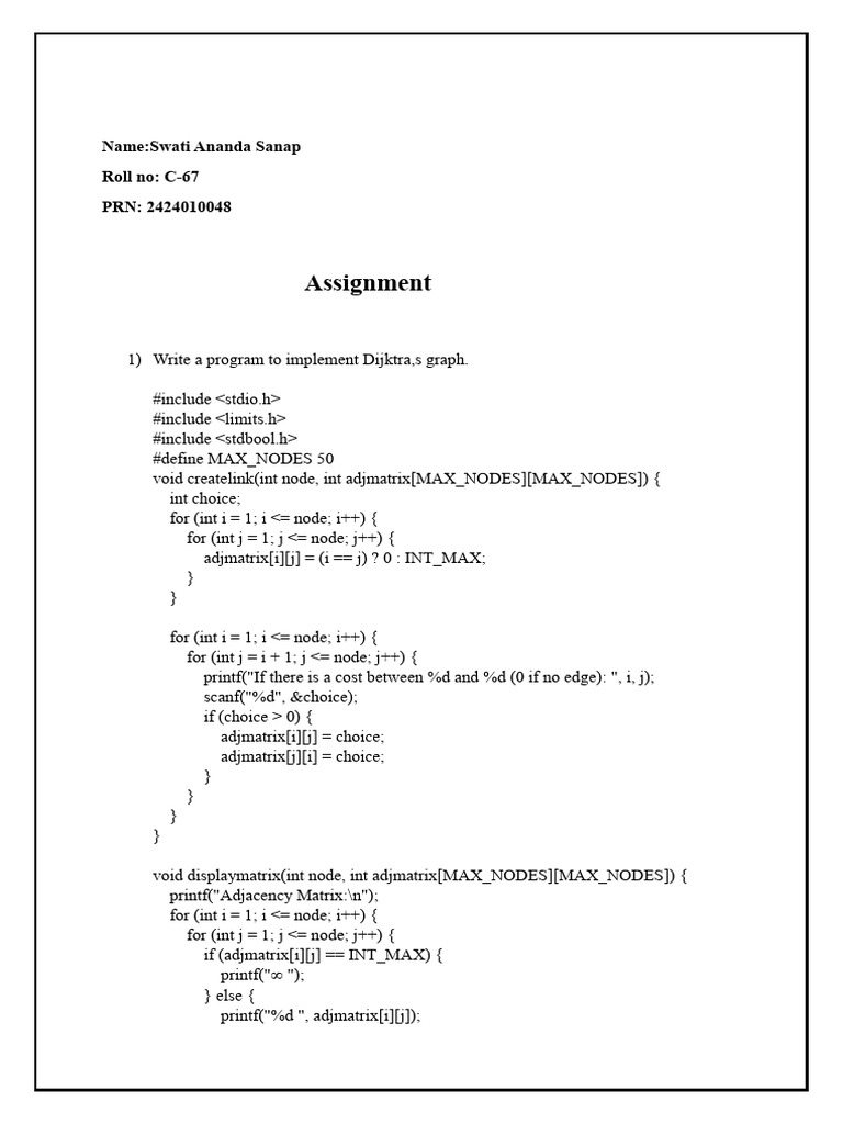 Dijkstra's Algorithm Implementation in C | PDF | Graph Theory ...