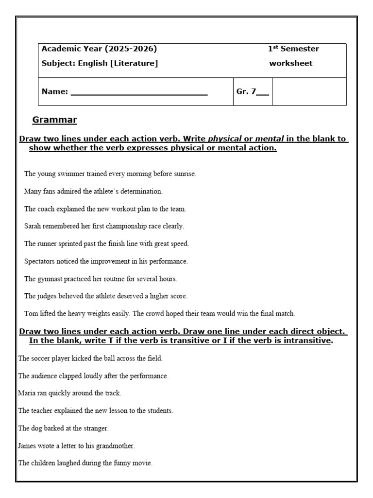 Grade 7 English Grammar Worksheet | PDF | Verb | Linguistic Typology
