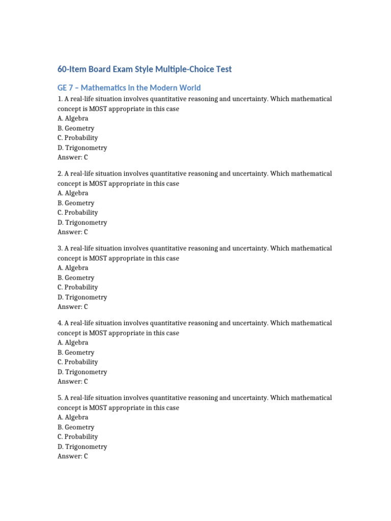 60-Item Math and Ethics Exam Guide | PDF | Mathematics | Geometry