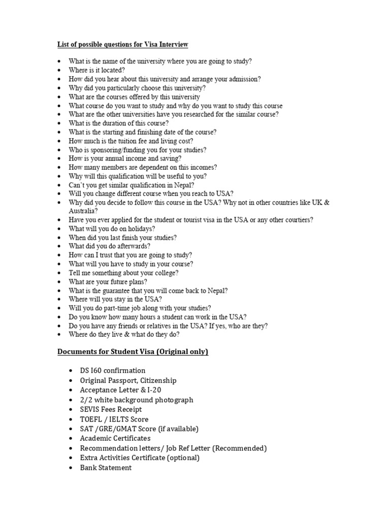 List of Possible Questions for Visa Interview[1] | PDF