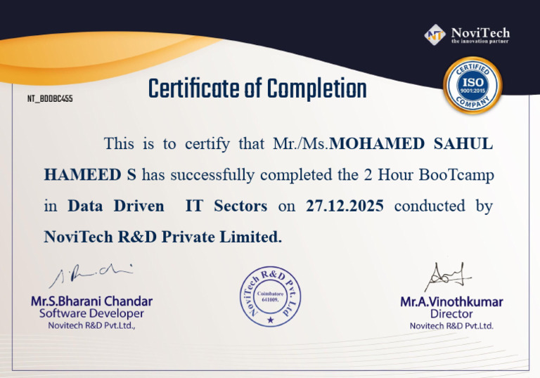 Completion Certificate for Data Bootcamp | PDF