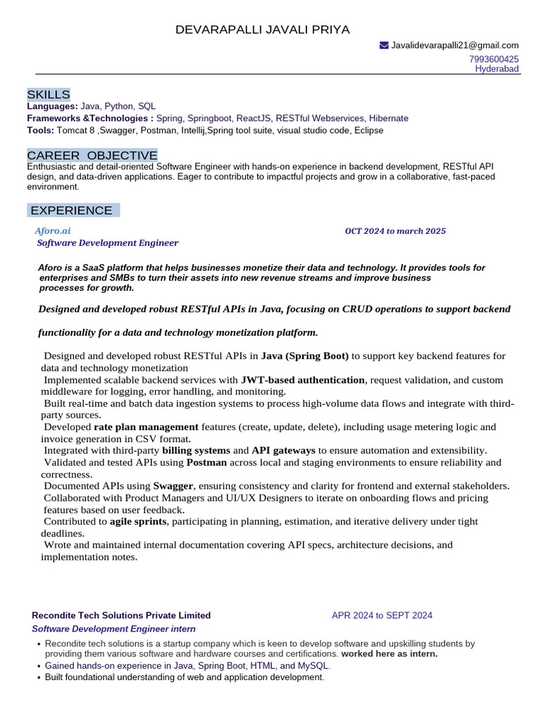 Software Engineer Resume: Java & Python Skills | PDF | Java ...
