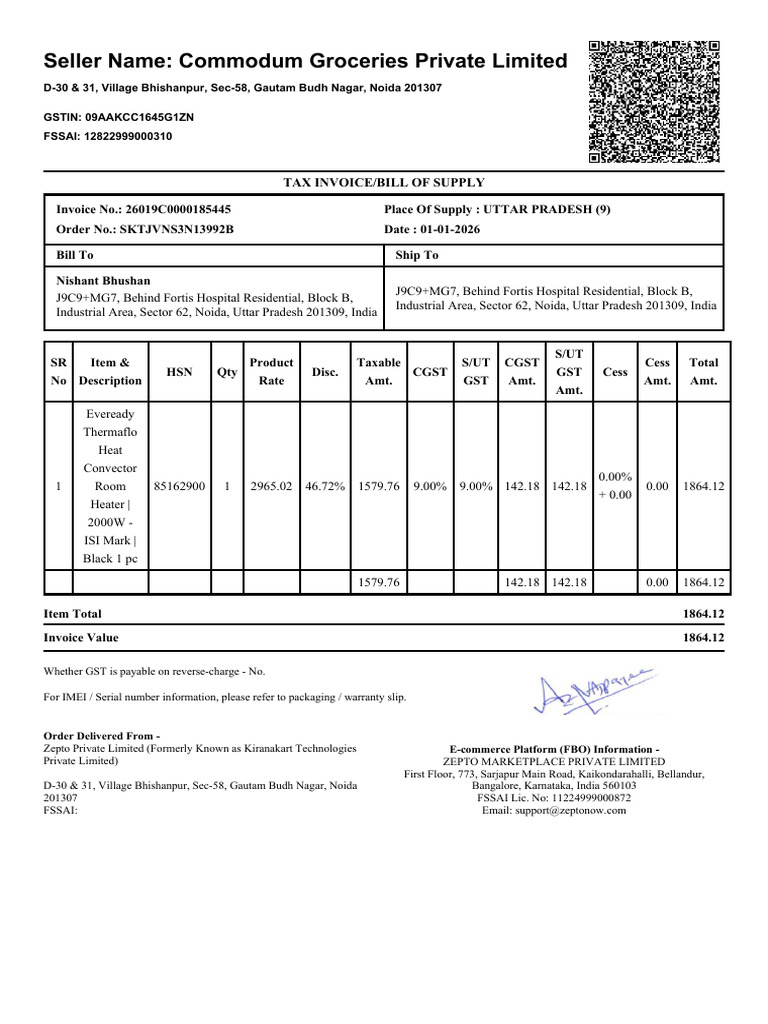 GST Invoice for Eveready Heater Purchase | PDF | Government Of India ...