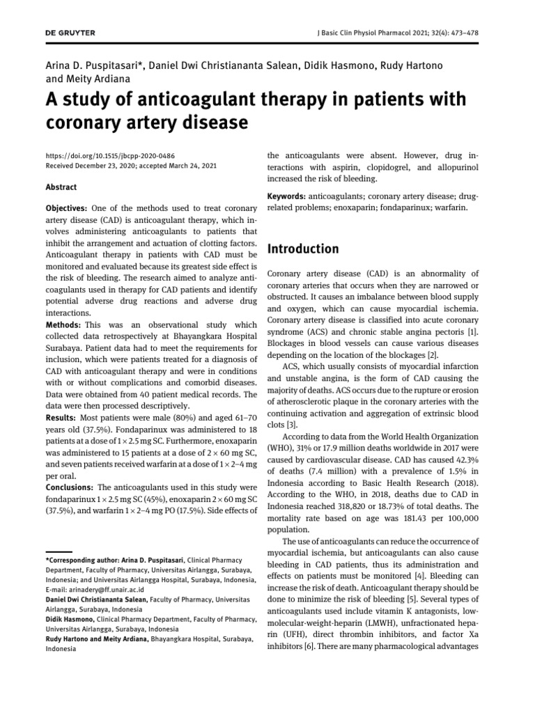 Anticoagulant Therapy in CAD Patients | PDF | Myocardial Infarction ...