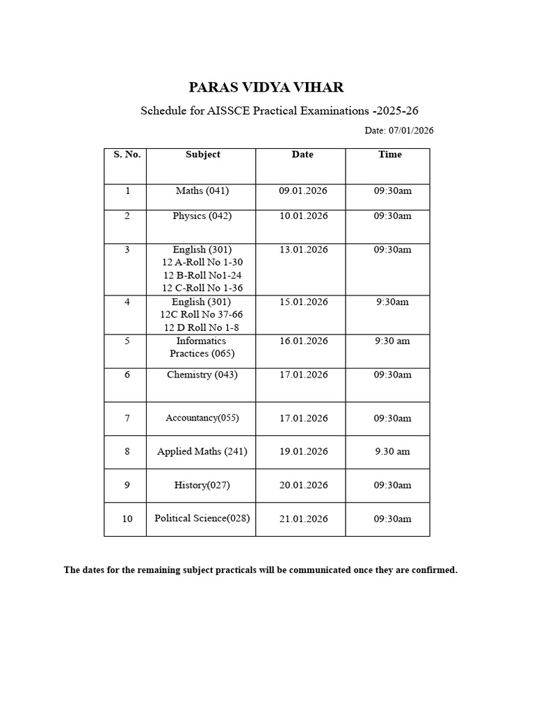 AISSCE 2025-26 Practical Exam Schedule | PDF