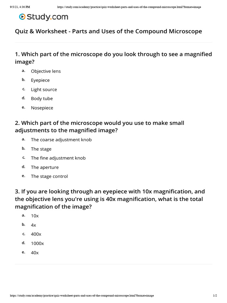 Microscope Worksheet | PDF