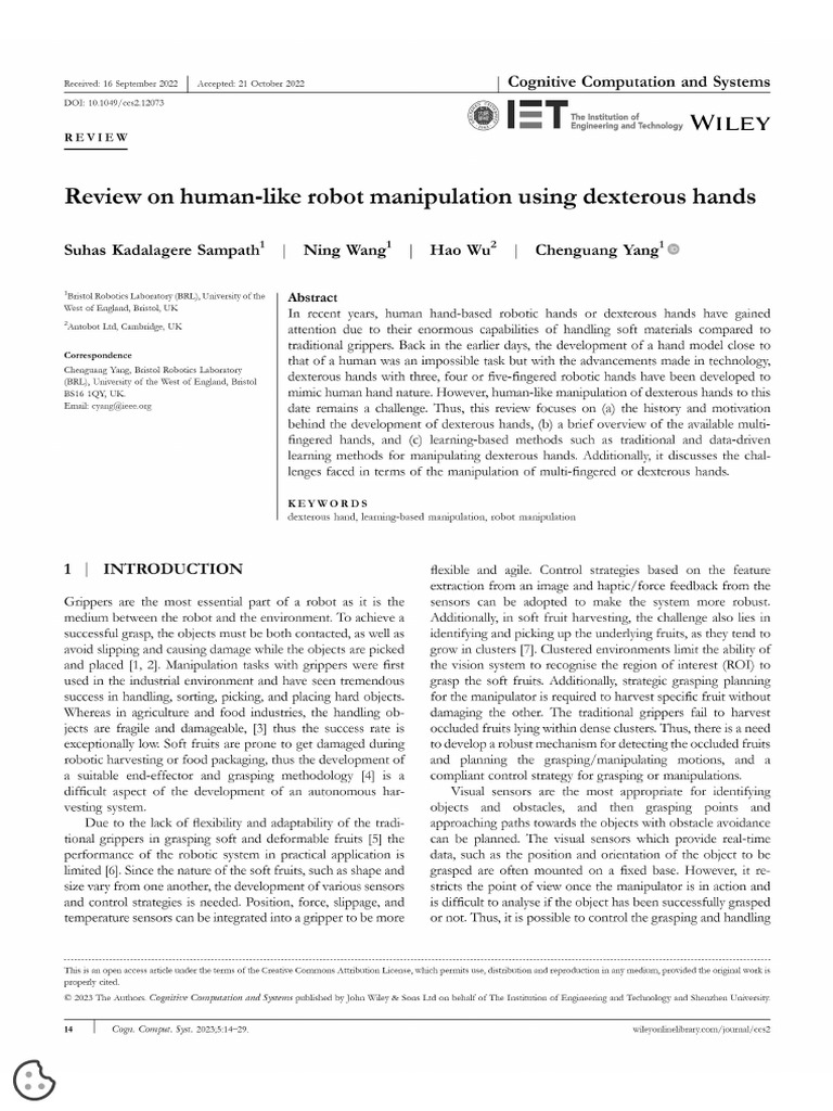 Review on Human-like Robot Manipulation Using Dexterous Hands(综述) | PDF