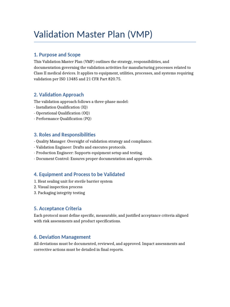 Validation Master Plan for Class II Devices | PDF