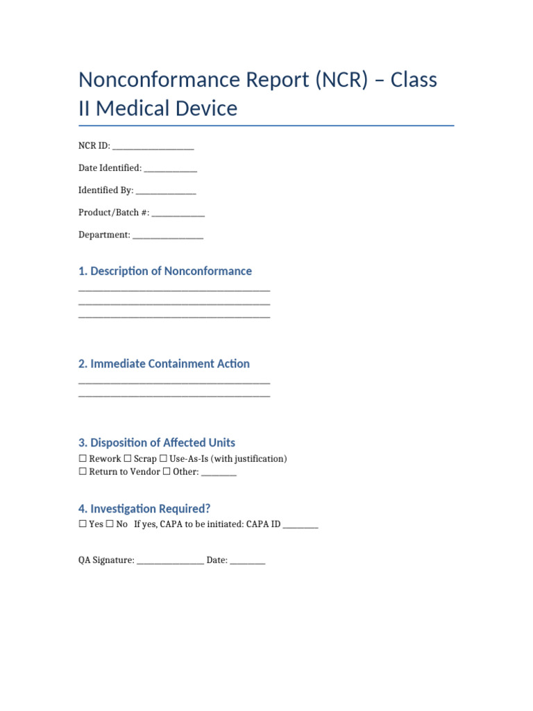 Class II Medical Device NCR Template | PDF