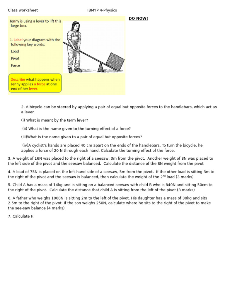 Physics Worksheet on Levers and Moments | PDF