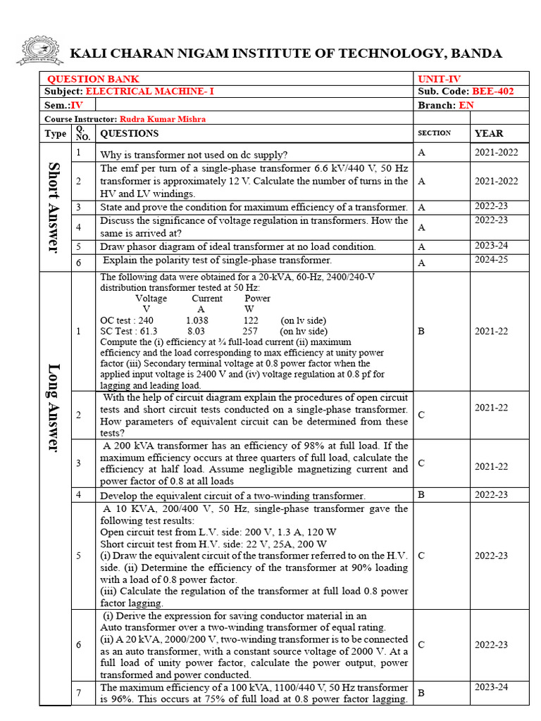 QB_BEE402_EM-I UNIT-4 | PDF | Transformer | Electrical Engineering