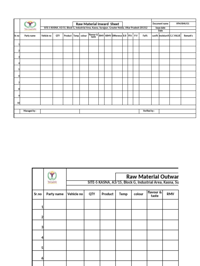 Raw Material Inward/Outward Sheets | PDF