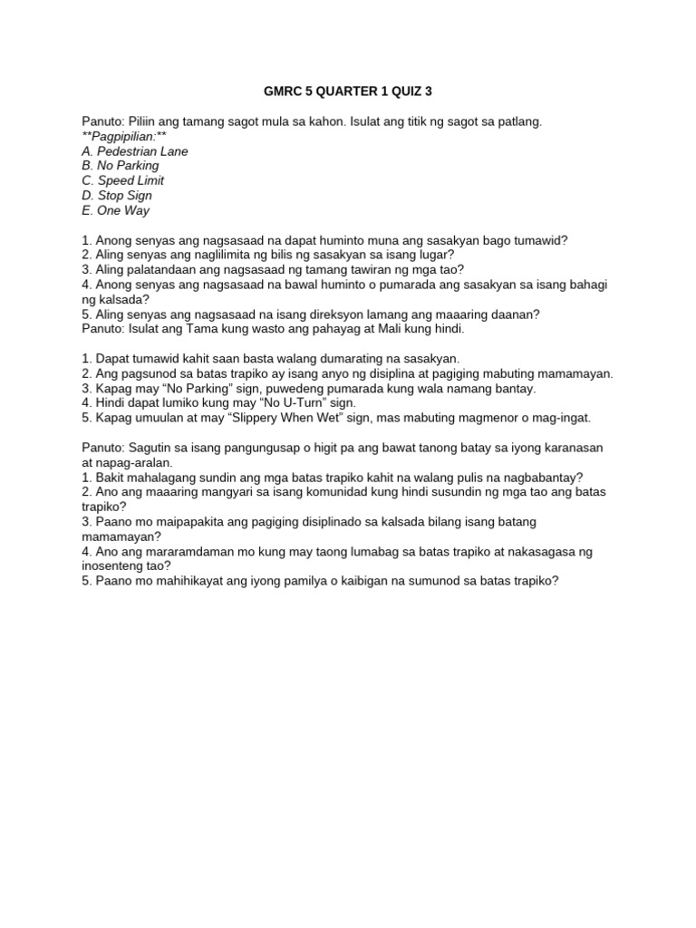 GMRC 5 Quarter 1 Quiz 3 | PDF