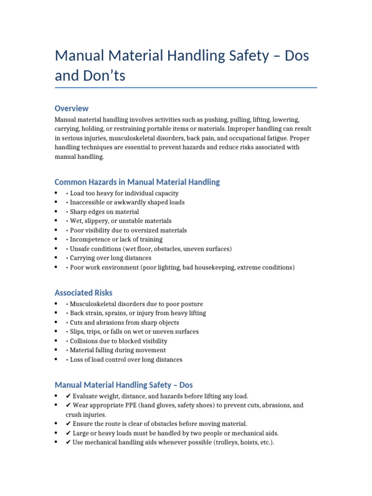 Manual Material Handling Safety Tips | PDF | Safety | Occupational ...