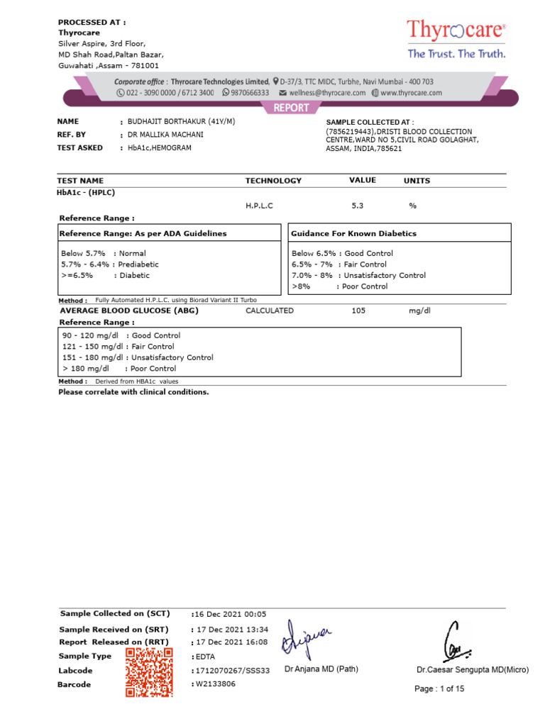 HbA1c and Hemogram Test Results | PDF | Creatinine | Medical Specialties