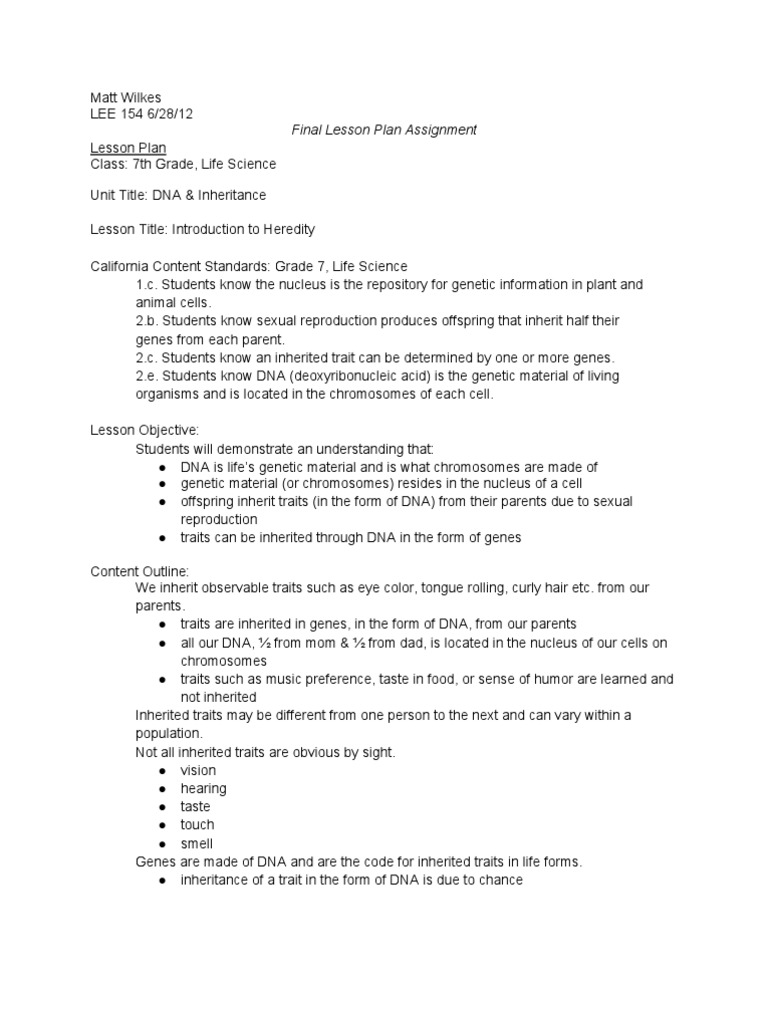 Worksheets Inherited Traits Worksheet lee 154 final project lesson plan matt wilkes heredity gene