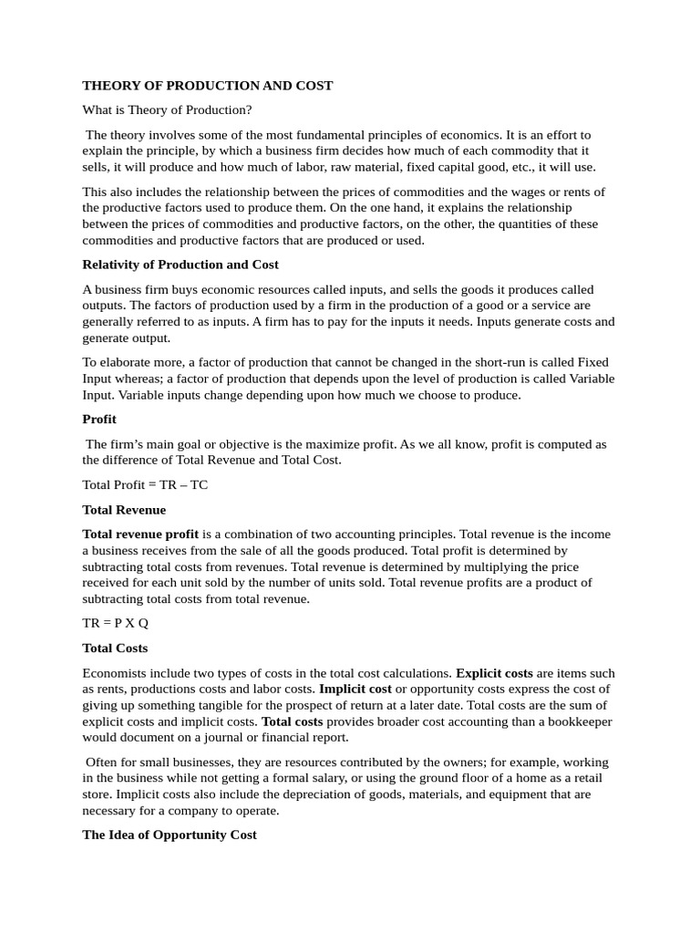 Production Theory and Cost Analysis | PDF | Profit (Economics ...
