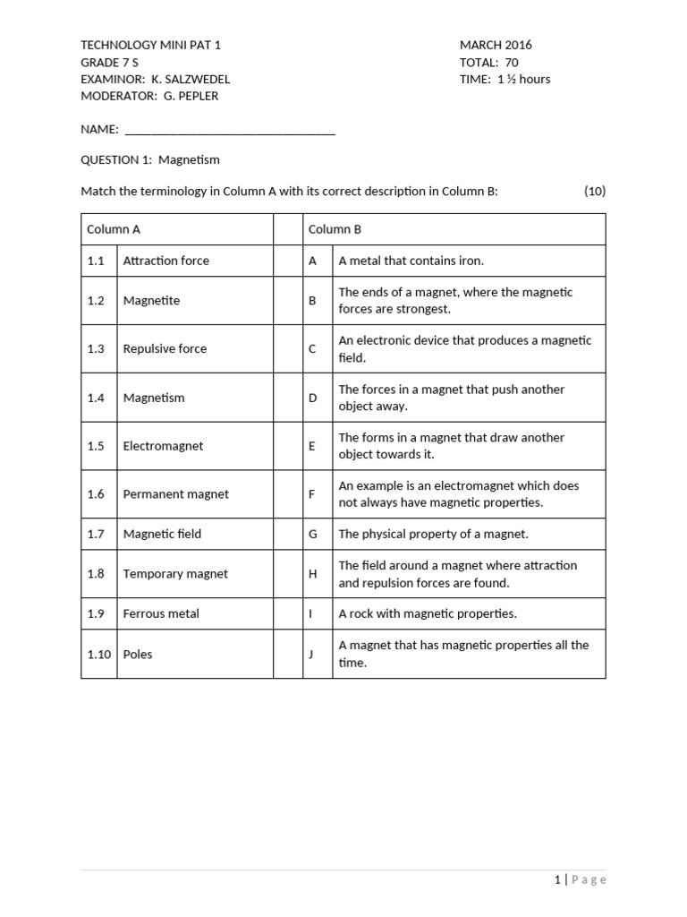 Grade 7 Technology Mini PAT Exam | PDF | Magnet | Magnetism